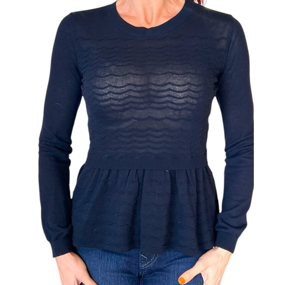 RED VALENTINO NAVY  KNIT SWEATER TOP PEPLUM HEM LONG SLEEVE RIB SCALLOP  XS/S